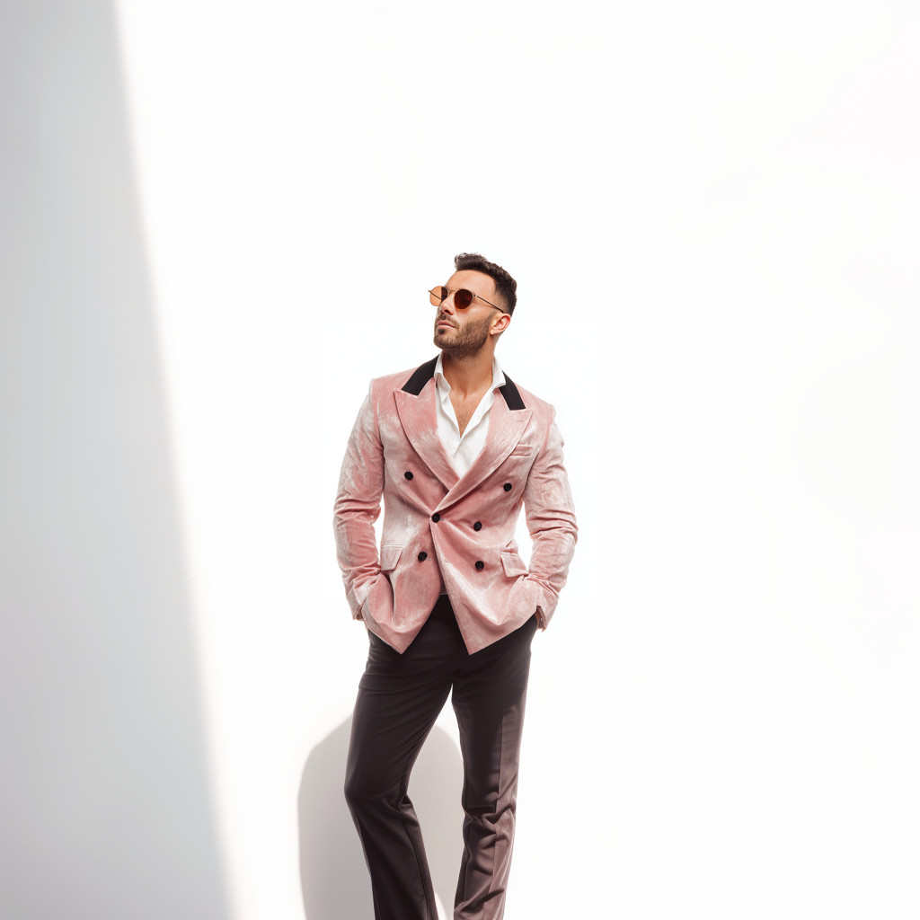 Velsoir Pastel Pink Velvet Double-Breasted Suit with Peak Lapels