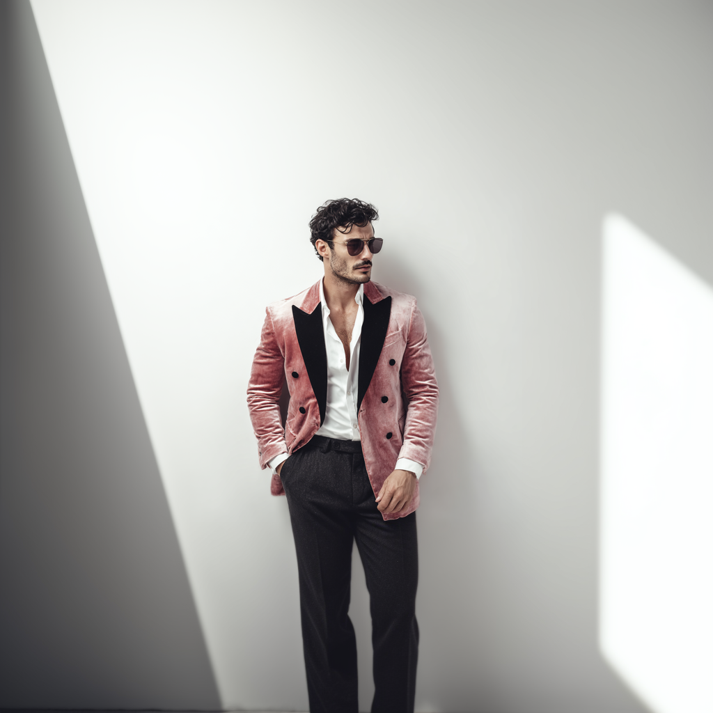 Velsoir Blush Rose Double-Breasted Velvet Tuxedo Suit For Men