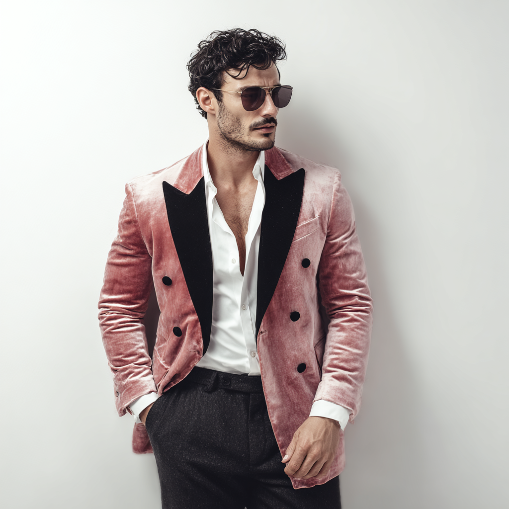 Velsoir Blush Rose Double-Breasted Velvet Tuxedo Suit For Men