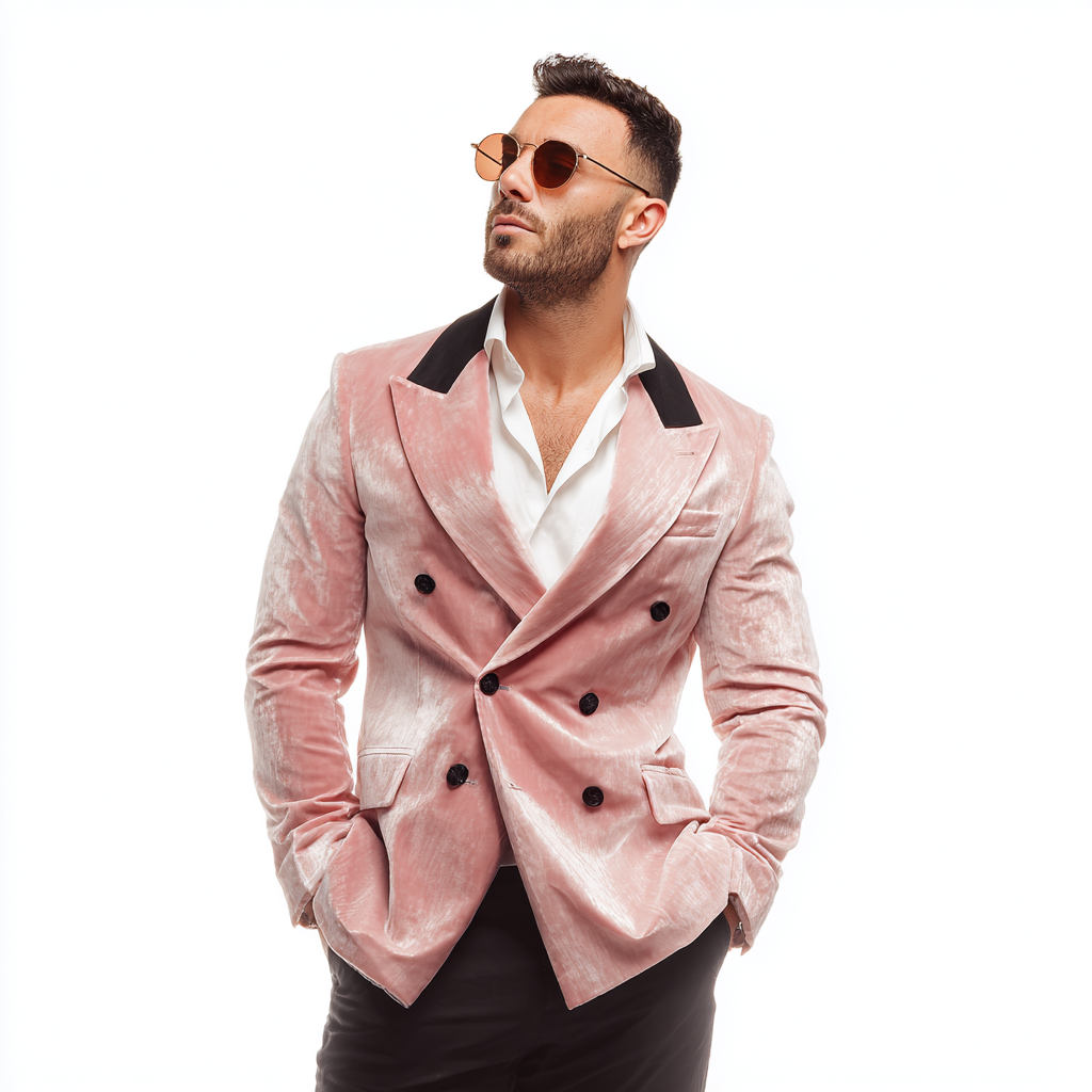 Velsoir Pastel Pink Velvet Double-Breasted Suit with Peak Lapels