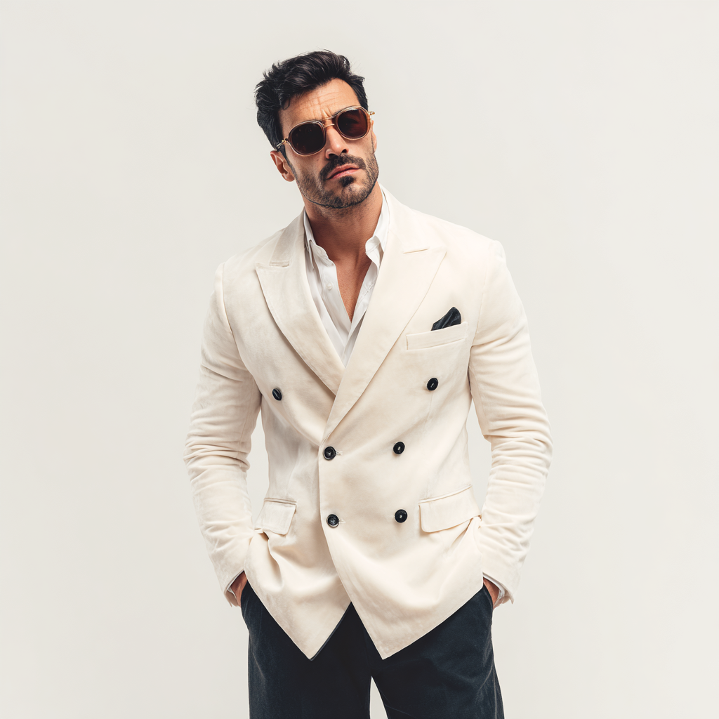 Velsoir Off-White Velvet Double-Breasted Suit With Peak Lapels