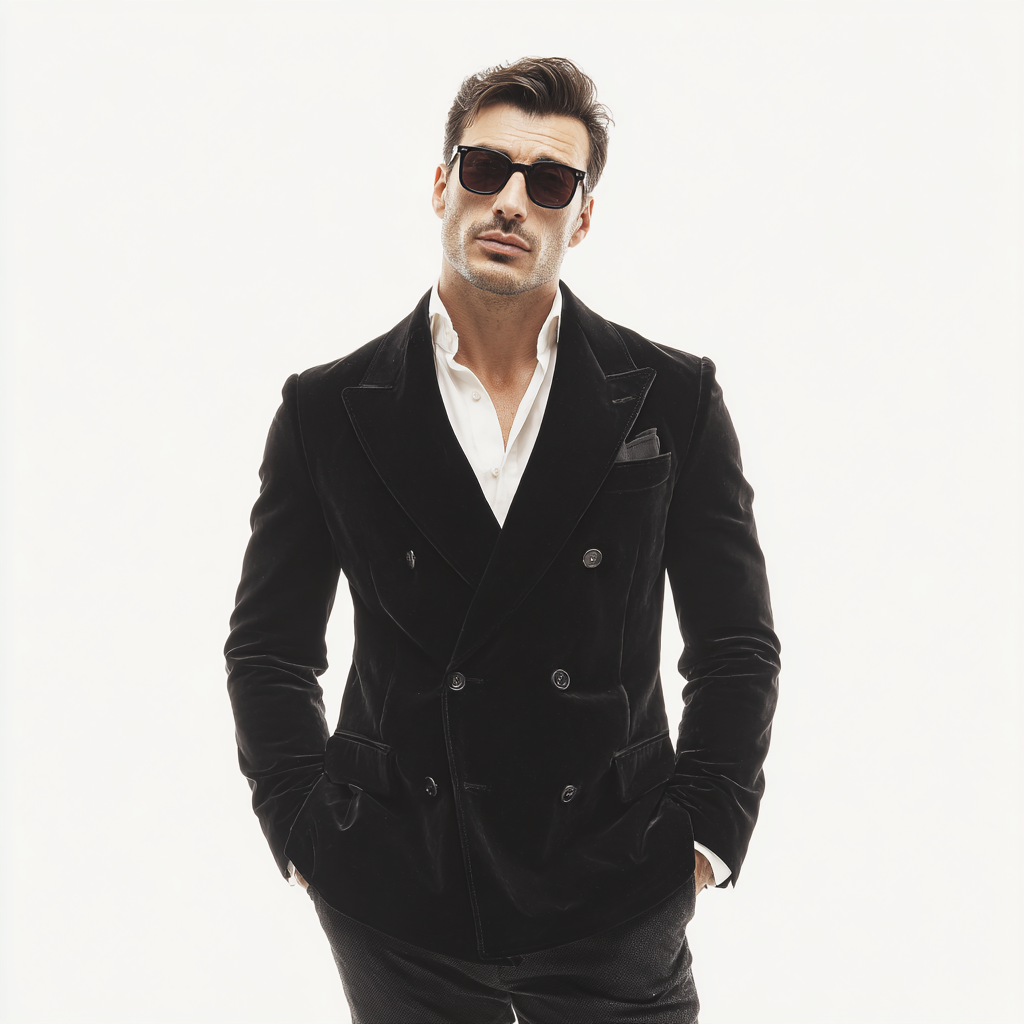 Velsoir Black Velvet Double-Breasted Suit With Peak Lapels