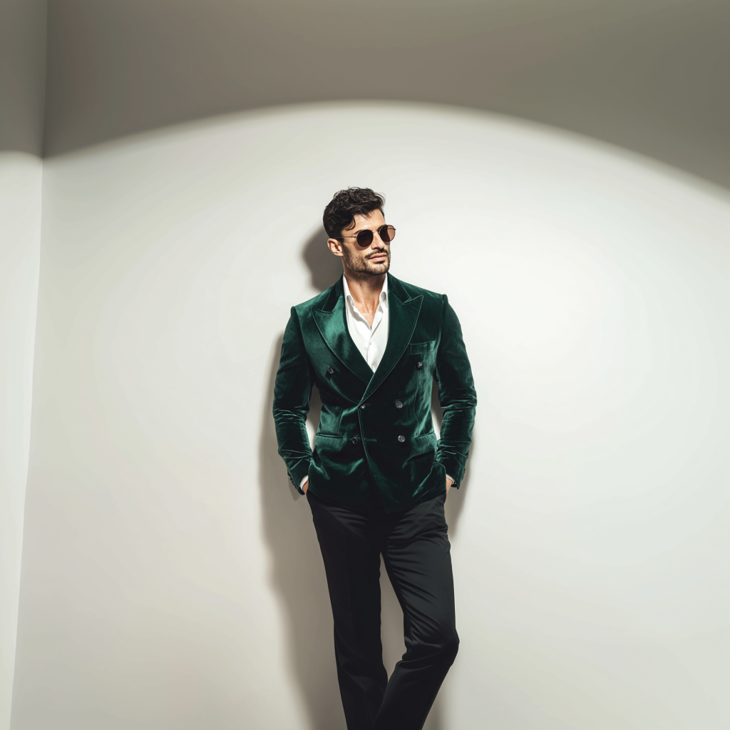 Velsoir Hunter Green Velvet Double-Breasted Suit With Peak Lapels