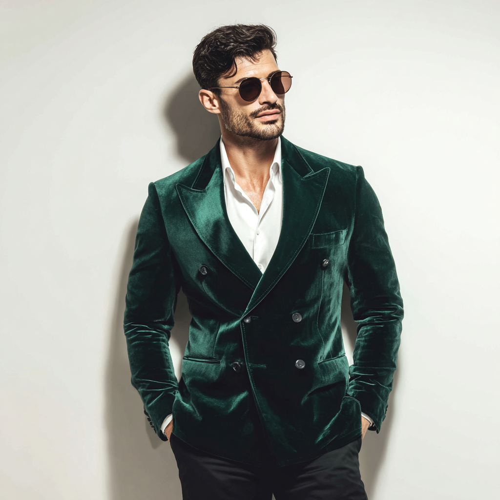 Velsoir Hunter Green Velvet Double-Breasted Suit With Peak Lapels