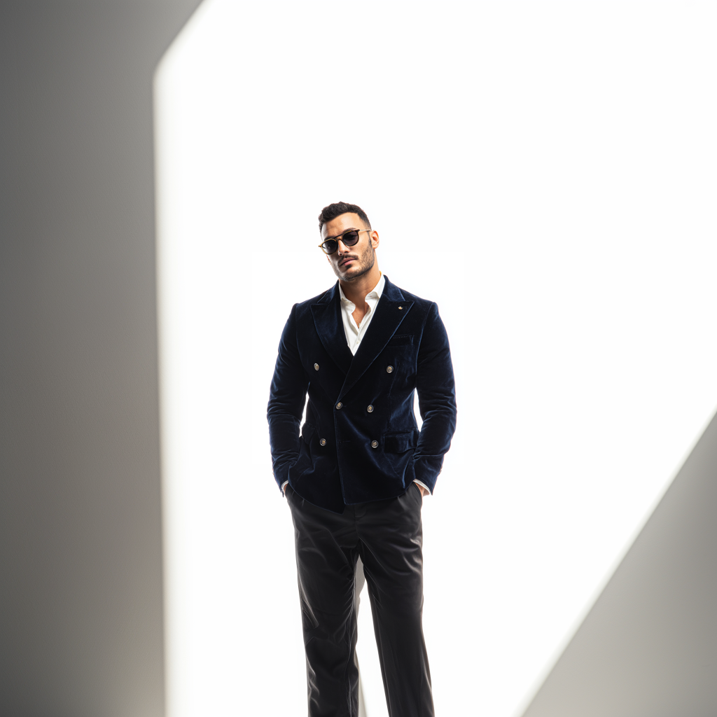 Velsoir Midnight Navy Velvet Double-Breasted Suit With Peak Lapels