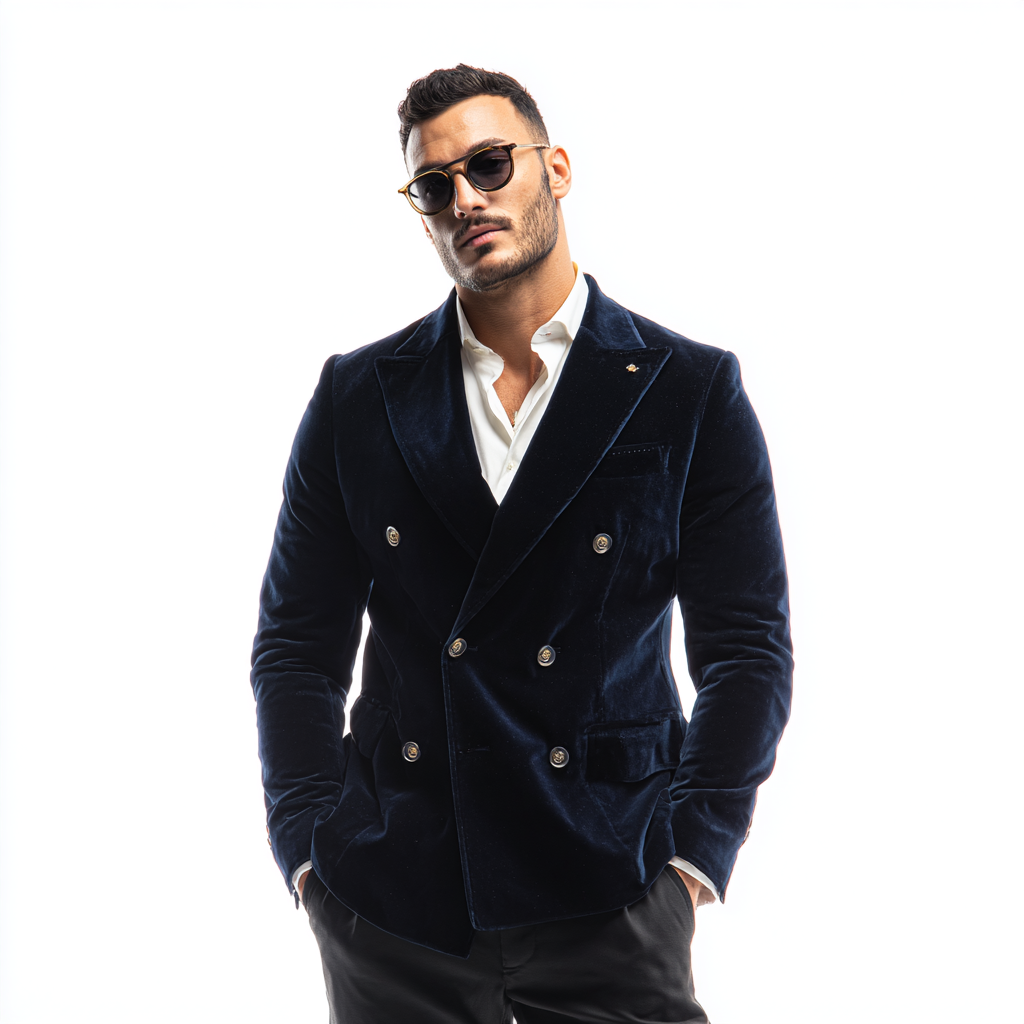 Velsoir Midnight Navy Velvet Double-Breasted Suit With Peak Lapels