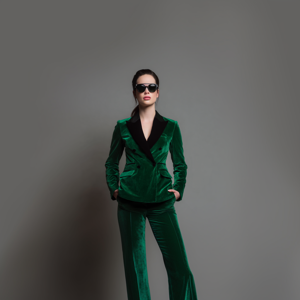 Velsoir Emerald Green 2-Piece Double Breasted Velvet Tuxedo Suit For Women
