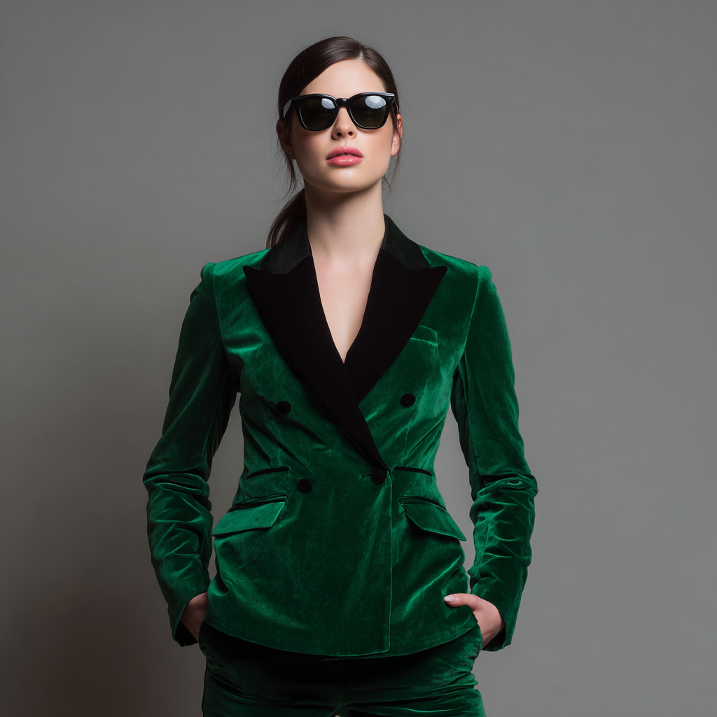 Velsoir Emerald Green 2-Piece Double Breasted Velvet Tuxedo Suit For Women