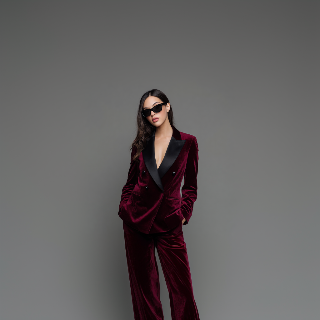 Velsoir Deep Wine 2-Piece Double Breasted Velvet Tuxedo Suit For Women