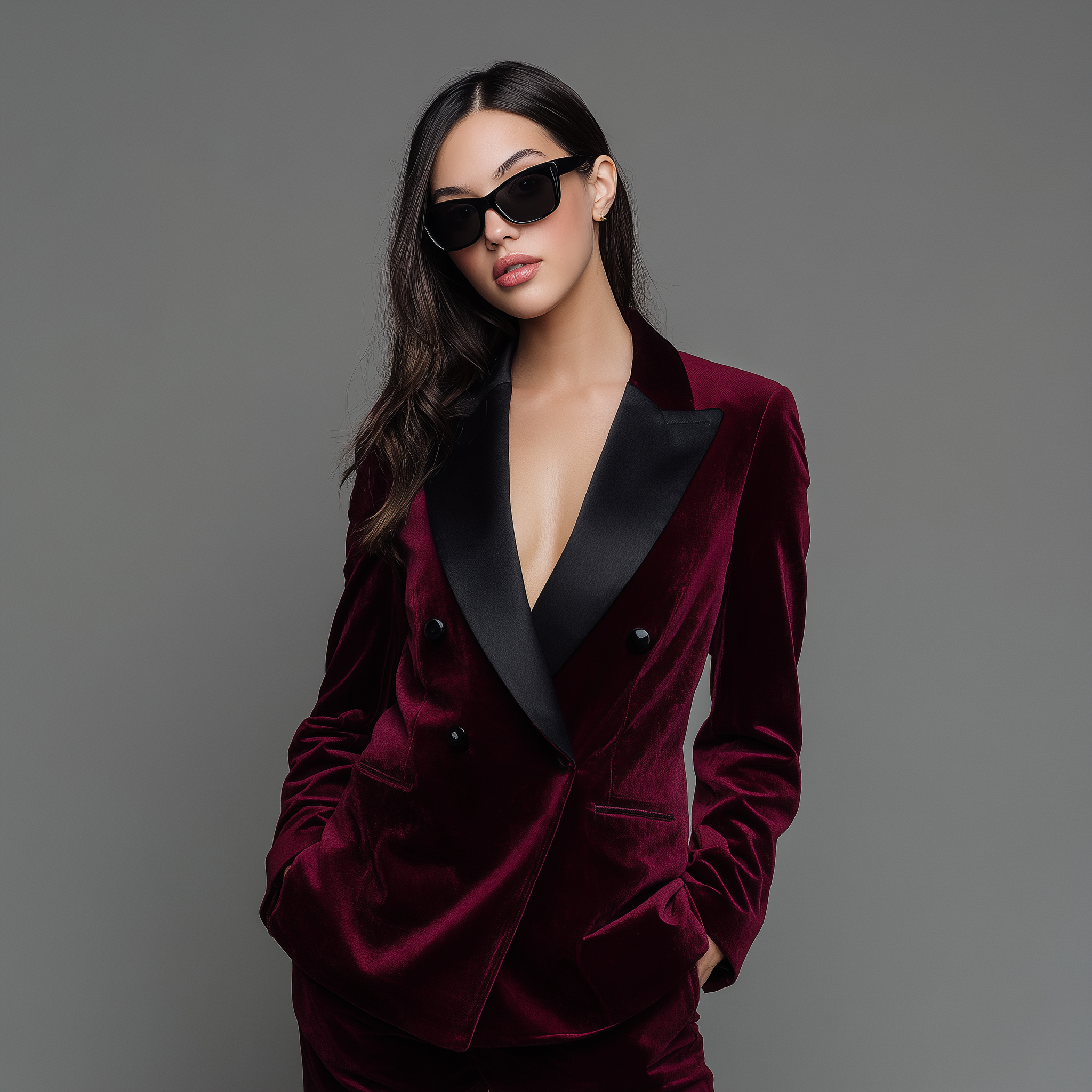Velsoir Deep Wine 2-Piece Double Breasted Velvet Tuxedo Suit For Women
