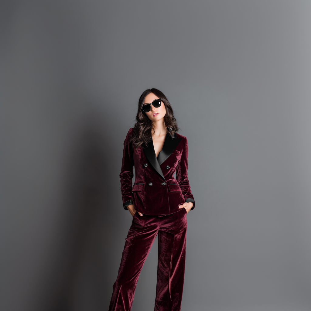 Velsoir Deep Burgundy 2-Piece Double Breasted Velvet Tuxedo Suit For Women