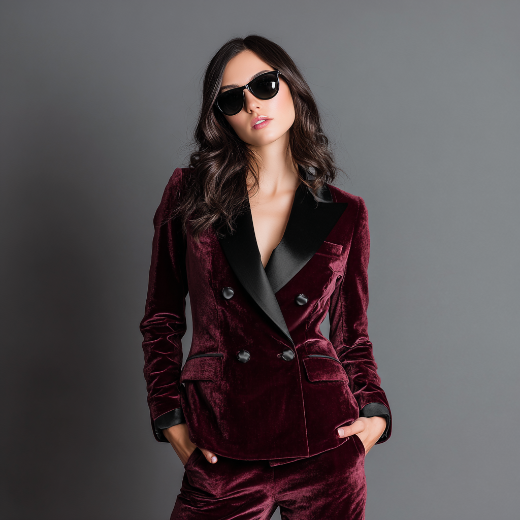 Velsoir Deep Burgundy 2-Piece Double Breasted Velvet Tuxedo Suit For Women