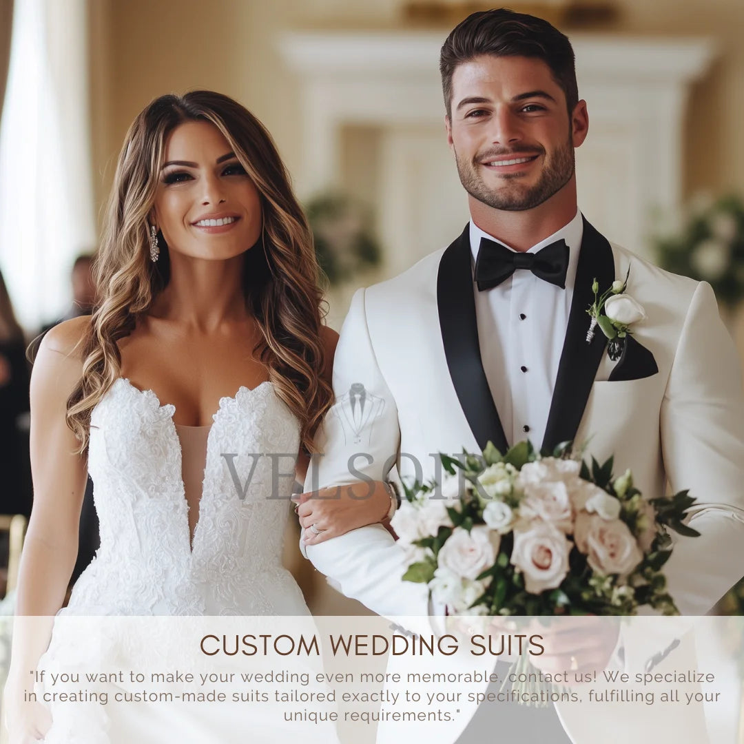 Man in a white tuxedo and woman in a white wedding dress holding flowers, with text about custom wedding suits.