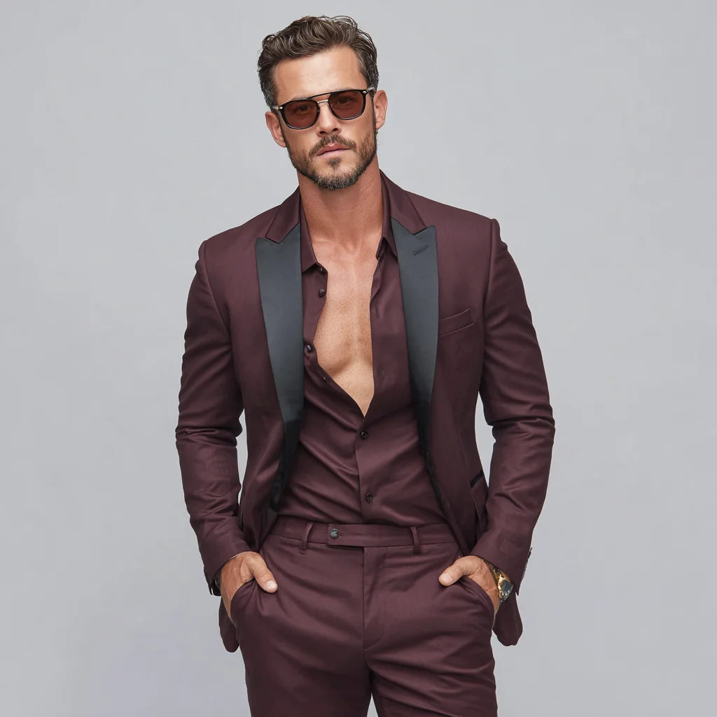 Men's Oxblood Slim-Fit 2-Piece Tuxedo Suit with Black Peaked Lapels