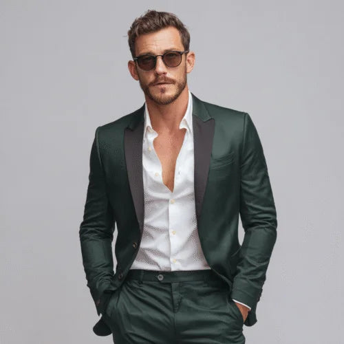 Men's Forest Green Virgin Wool Cashmere Slim-Fit 2-Piece Suit