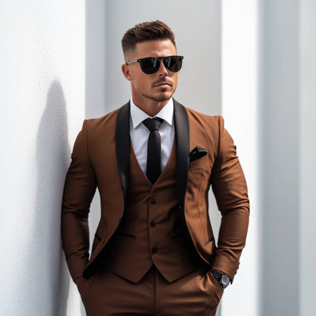 Elegance in Layers: This Cognac Brown With Black Lapels 3-Piece Suit For Men
