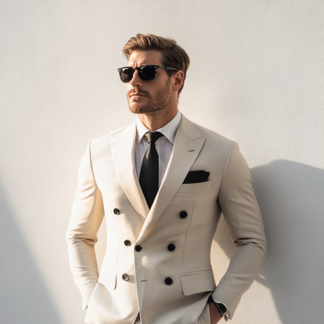 Elevate Your Formal Style With This Cream Double Breasted 2-Piece Men’s Suit