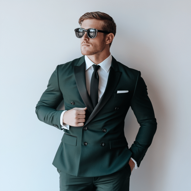 Ivory Ambition: Forest Green Double Breasted With Black Lapels 2-Piece Suit for Men Formal Flair