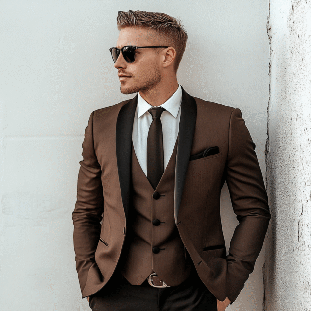 Chocolate Brown With Black Lapels Men’s 3-Piece Suit For Men