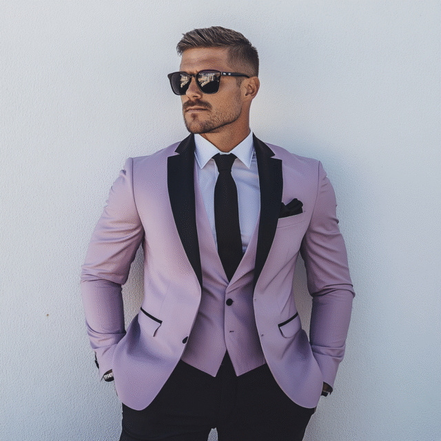 Men’s Dusty Lavender With Black Lapels 3-Piece Suit – Stylish Formal Wear | Tailored Suit