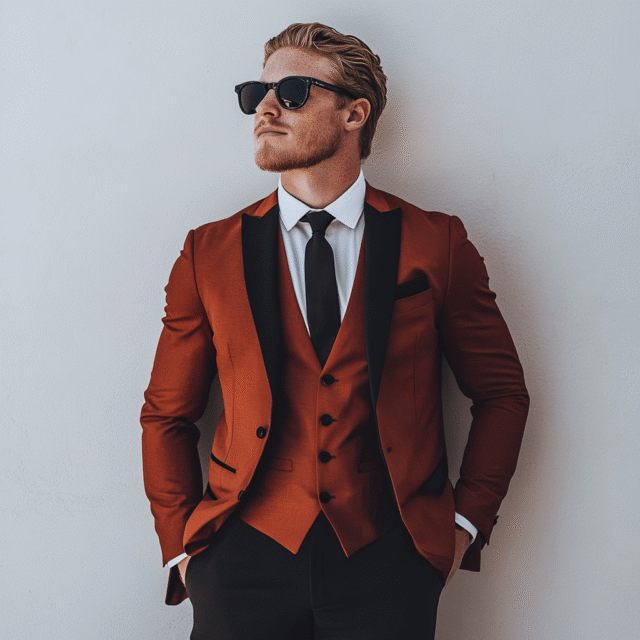 Men’s Custom Classy Rust With Black Lapels 3-Piece Suit – Perfect for Weddings and Parties
