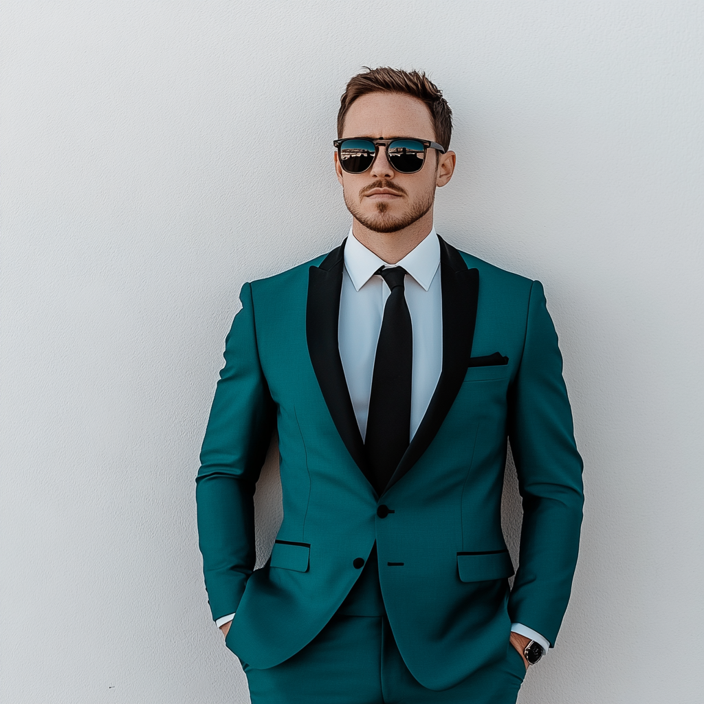 Teal With Black Lapels Men’s 2-Piece Suit For Men