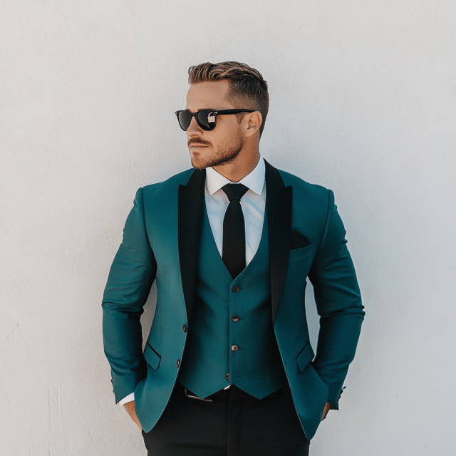 Men’s Premium Teal With Black Lapels 3-Piece Suit – Bespoke Wedding Suits, Custom Tailored Formal wear