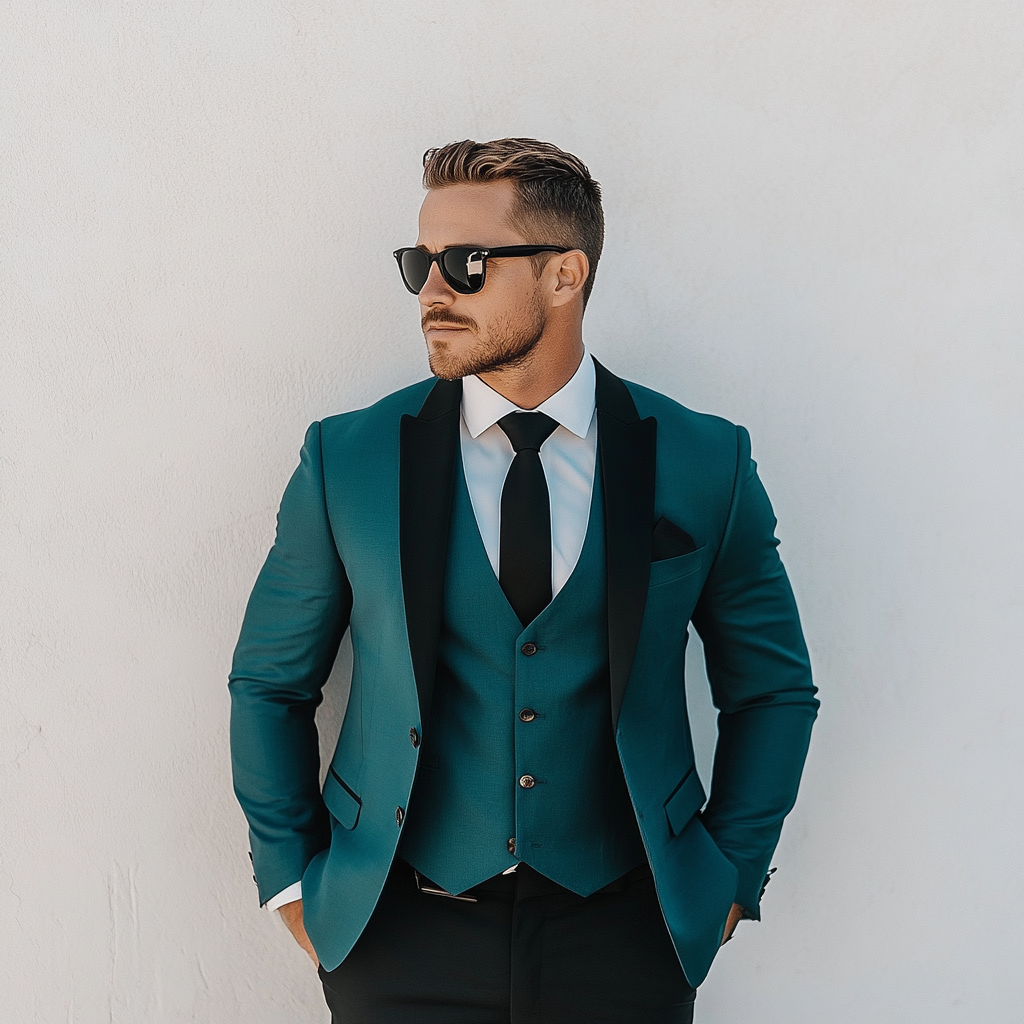 Men’s Premium Teal With Black Lapels 3-Piece Suit – Bespoke Wedding Suits, Custom Tailored Formal wear