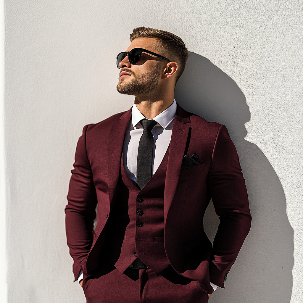 The Gentleman’s Trio: Classic Deep Burgundy 3-Piece Suit For Men