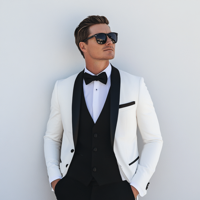 Men’s White With Black 3-Piece Suit – Stylish Formal Wear | Tailored Suit