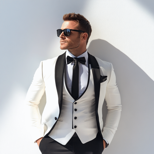 Sharp & Structured: Modern White 3-Piece Suit for Men