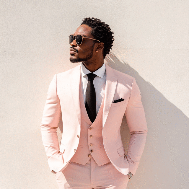 Emerald Sophistication: Blush Pink 3-Piece Tailored Fit Suit For Men
