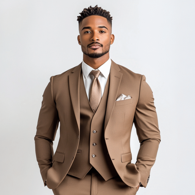 Elegance in Layers: This Camel Brown 3-Piece Suit For Men