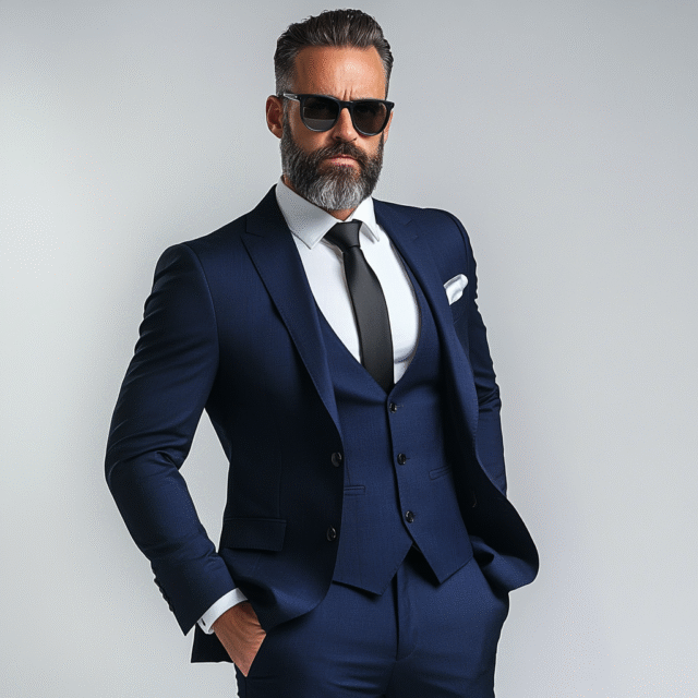 Ivory Ambition: Deep Navy Blue 3-Piece Suit for Men Formal Flair
